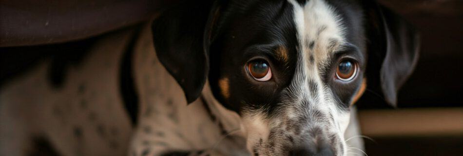 Ängstlicher Hund versteckt sich unter einem Bett, zeigt unsichere Körpersprache.