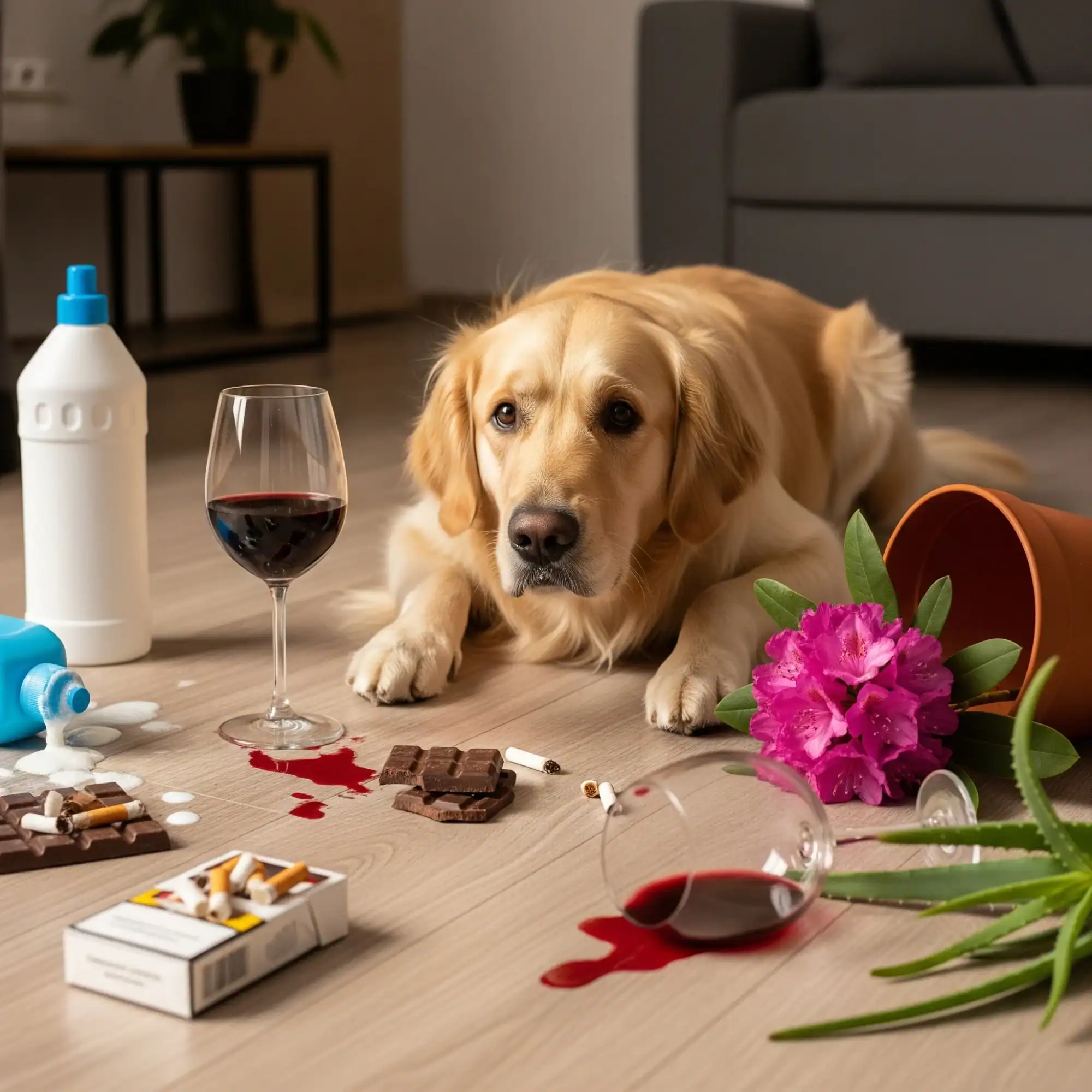 Golden Retriever liegt im Wohnzimmer, umgeben von verschüttetem Rotwein, Schokolade, Zigaretten, Reinigungsmitteln, Rhododendron und Aloe Vera – Warnung vor Vergiftungsgefahren für Hunde zuhause und unterwegs.