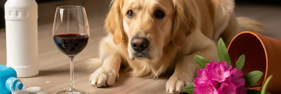 Golden Retriever liegt im Wohnzimmer, umgeben von verschüttetem Rotwein, Schokolade, Zigaretten, Reinigungsmitteln, Rhododendron und Aloe Vera – Warnung vor Vergiftungsgefahren für Hunde zuhause und unterwegs.