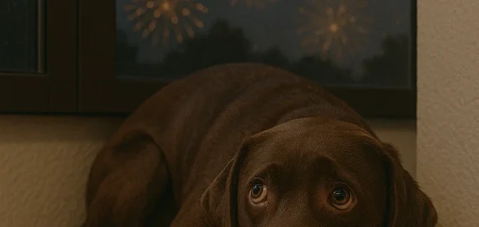 Silvester - Hund sitz in der Ecke und hat Angst vor dem Feuerwerk.